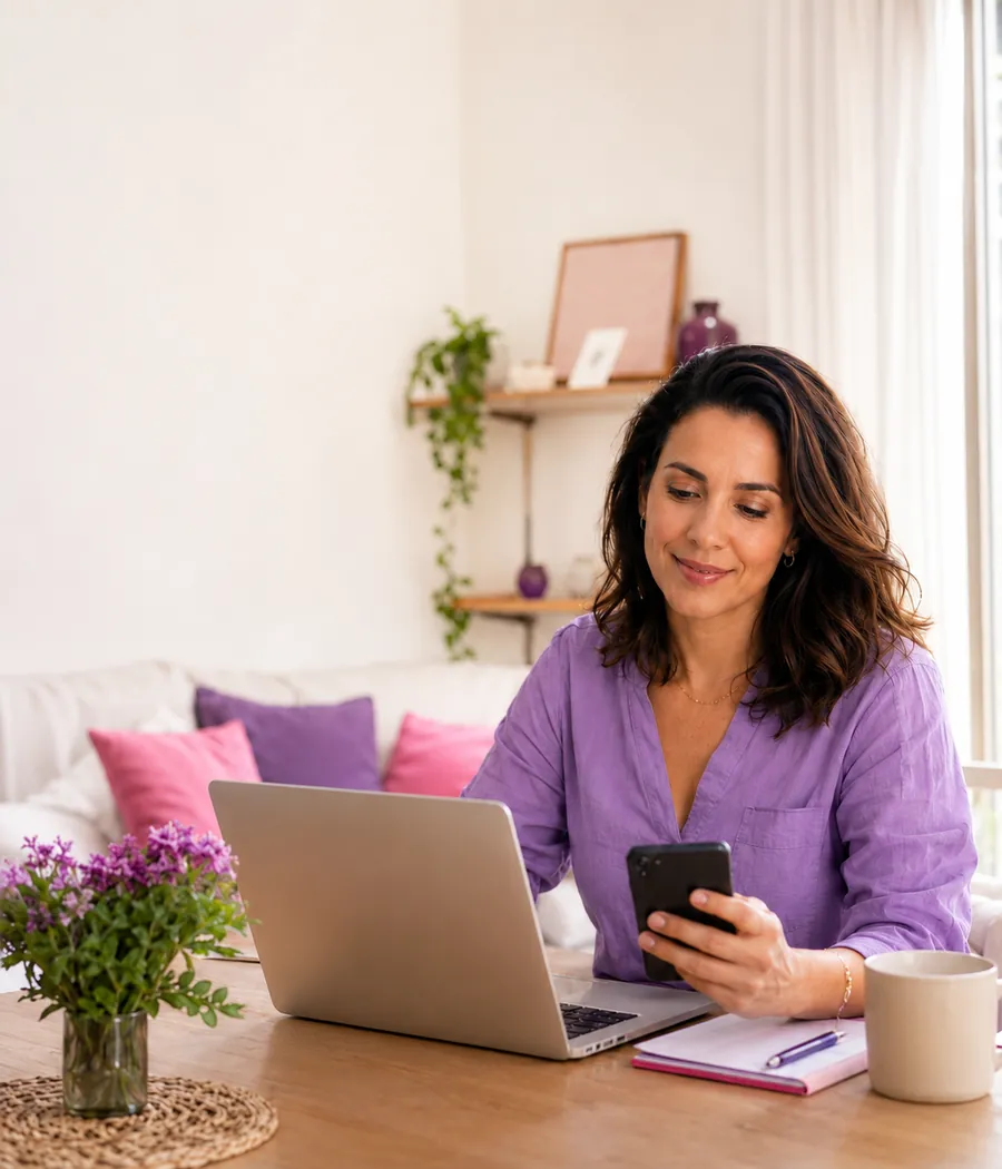 Mulher em casa, sorrindo, com o notebook e o celular na mesa